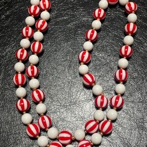 Vintage Red Striped and White Bead necklaces 24" Granny Beads